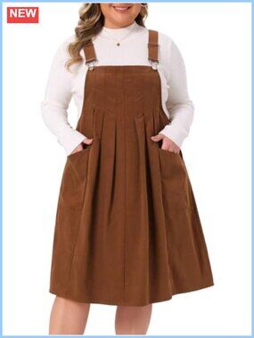 Plus Size Corduroy Pinafore Overall Dress Adjustable Straps Midi